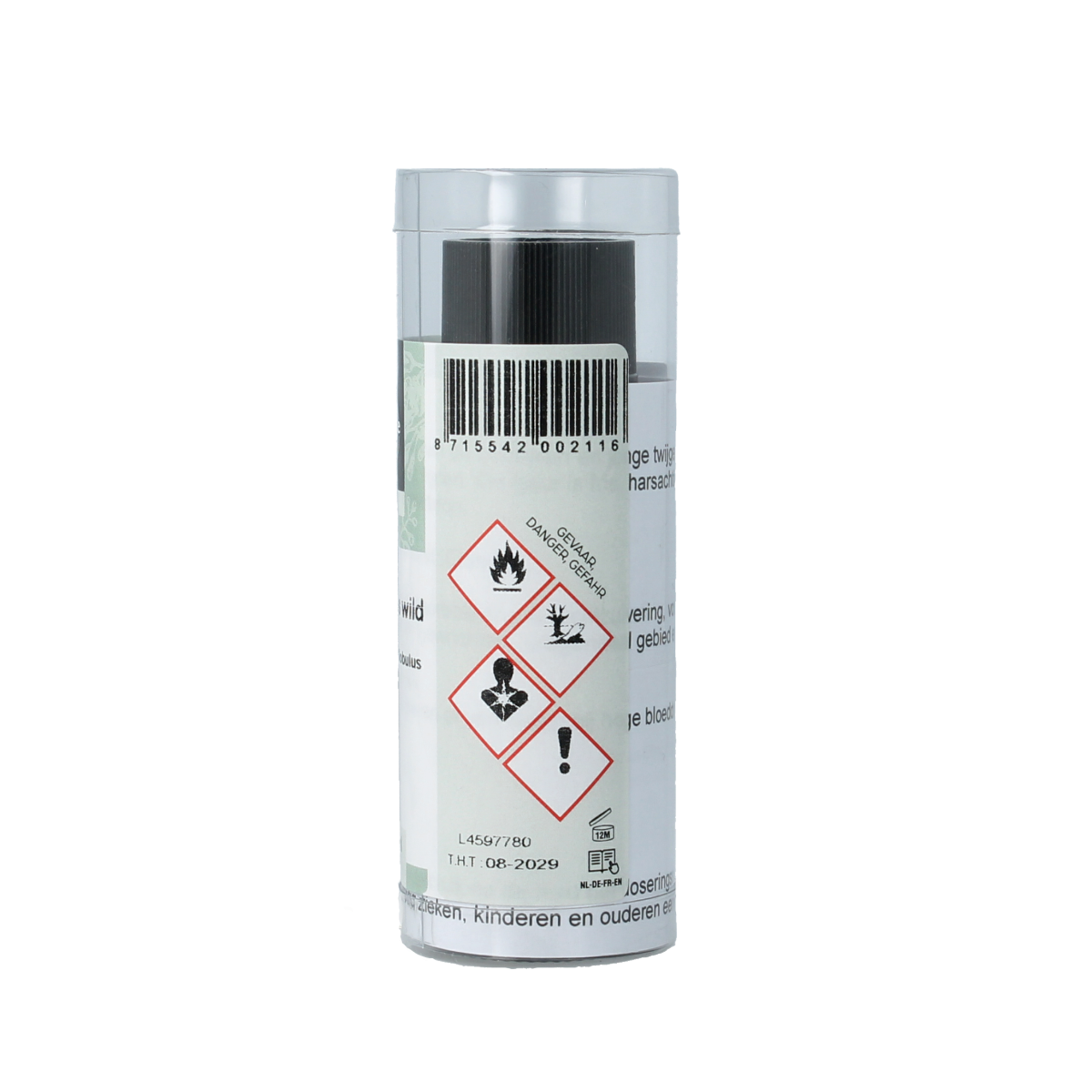 Volatile Eucalyptus Wild essential oil bottle, 25ml, with fresh eucalyptus leaves and natural botanical elements in the background.