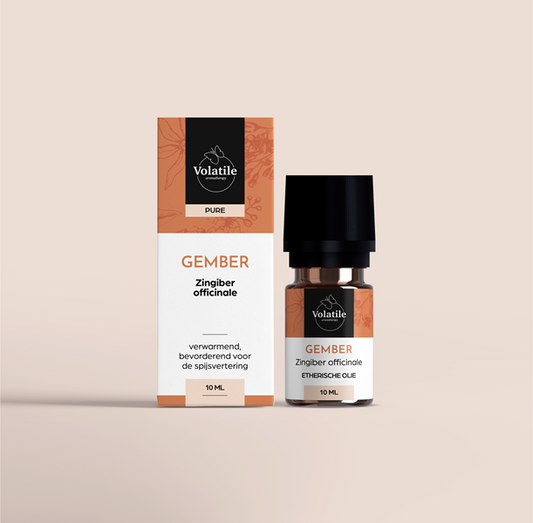 Volatile Gember essential oil bottle, 10ml, with amber glass and white cap, from Volatile brand.