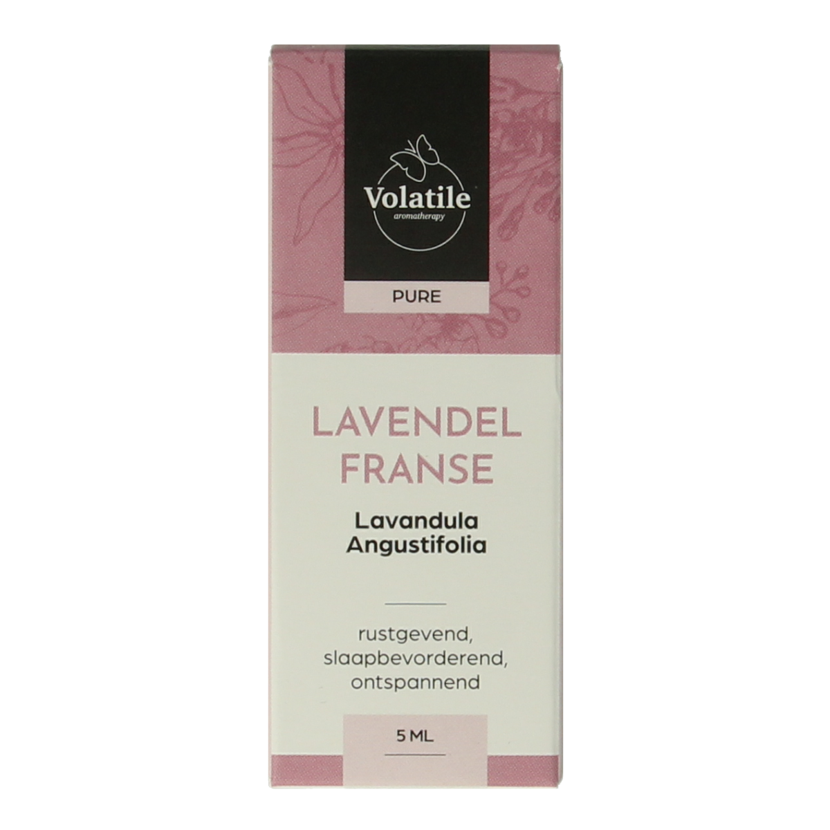 Volatile Lavendel Franse essential oil bottle, 5ml, with a clear glass container and lavender label, focused on product display.