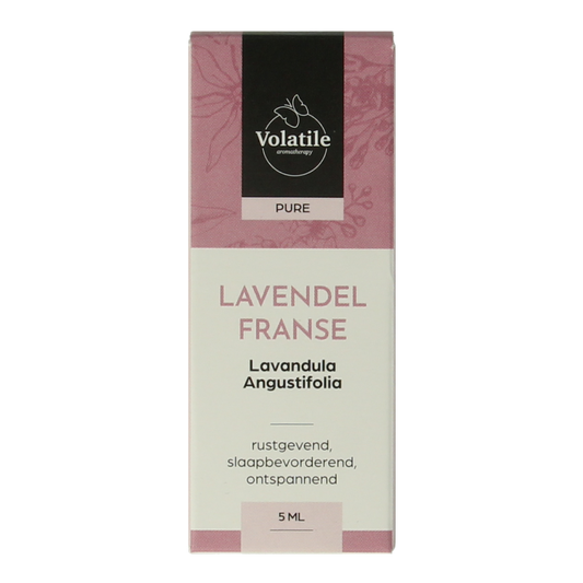 Volatile Lavendel Franse essential oil bottle, 5ml, with a clear glass container and lavender label, focused on product display.