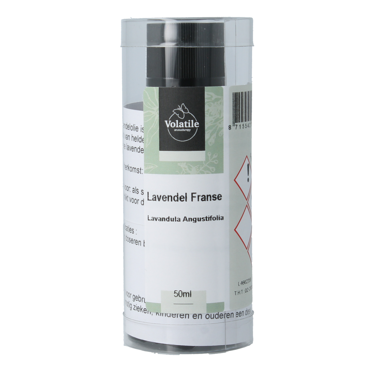 Volatile Lavendel Franse essential oil in a 50ml bottle, showcasing the clear glass container and lavender oil inside.