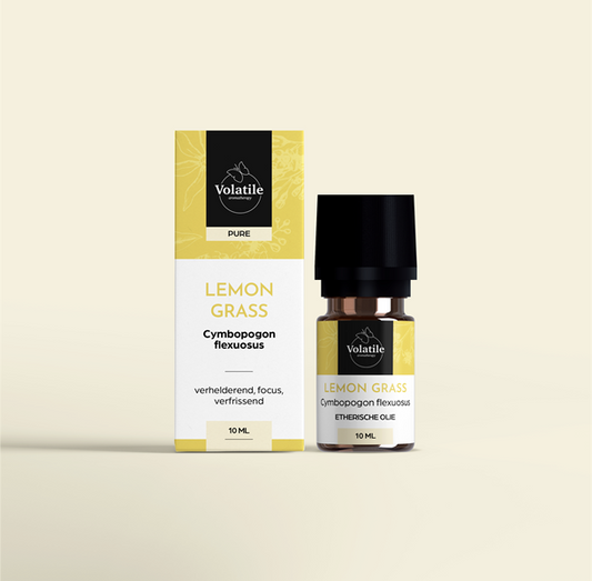 Volatile Lemongrass essential oil in a 10ml bottle, natural aromatic oil for aromatherapy and wellness use.