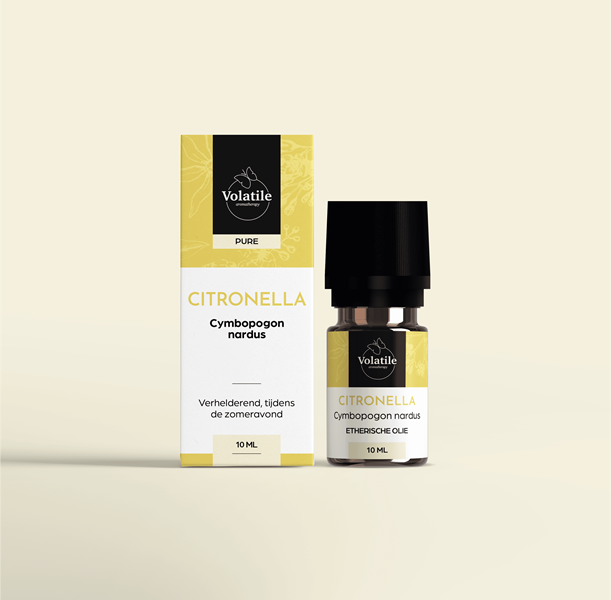 Volatile Citronella essential oil bottle with 10ml capacity, clear glass container with yellow liquid, branded by Volatile.