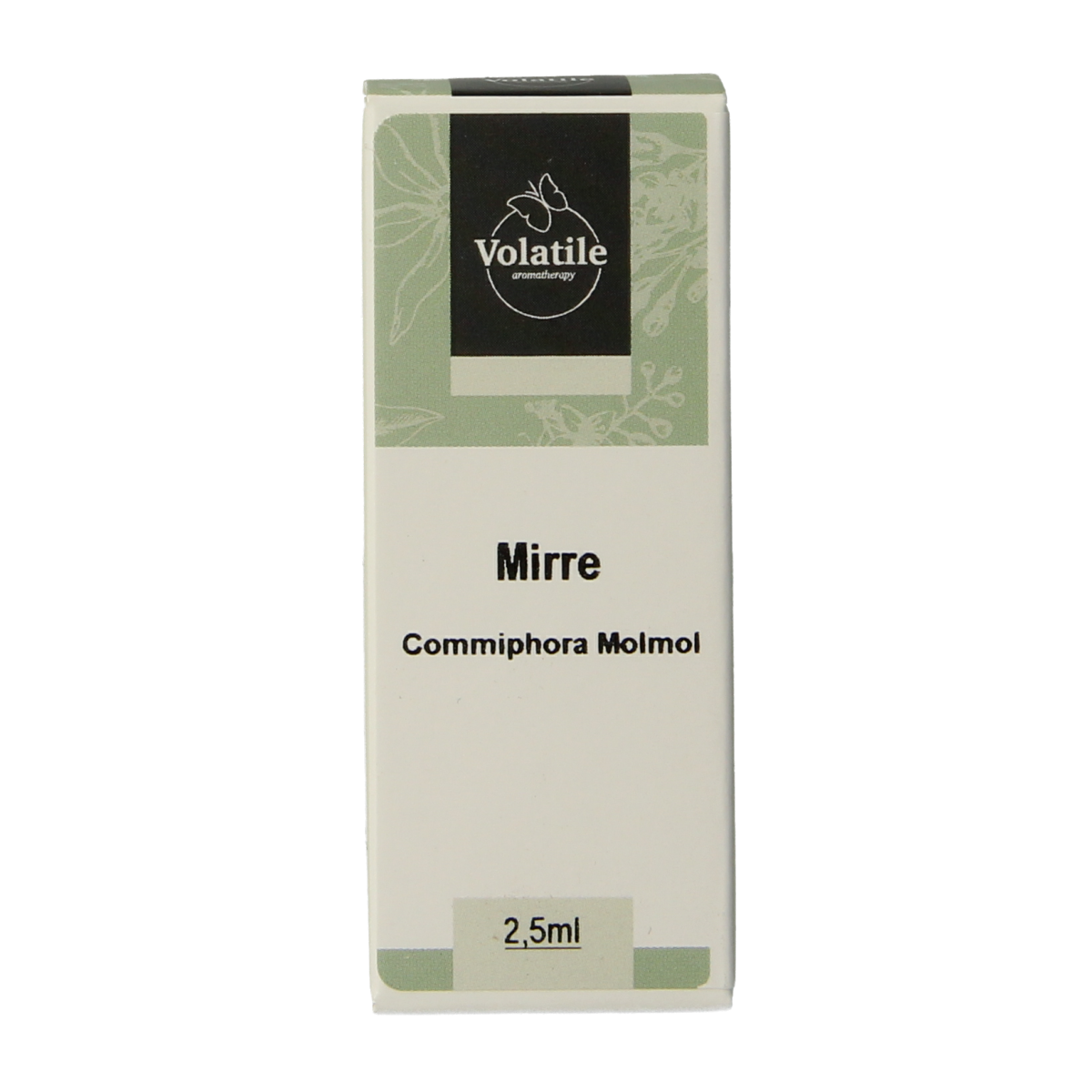 Volatile Mirre essential oil bottle, 2.50ml, natural etherische oliën with amber glass and white cap, used for aromatherapy.