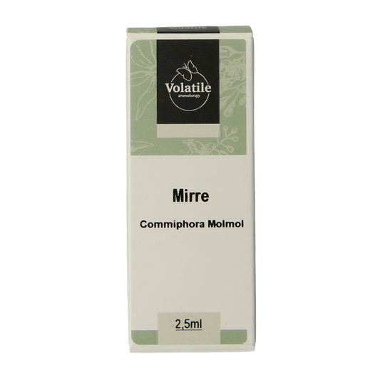 Volatile Mirre essential oil bottle, 2.50ml, natural etherische oliën with amber glass and white cap, used for aromatherapy.