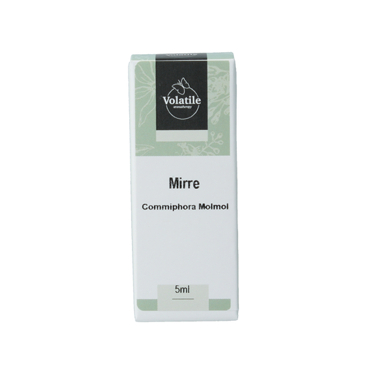 Volatile Mirre essential oil bottle, 5ml, natural aromatic etherische oliën with dark amber glass and label.