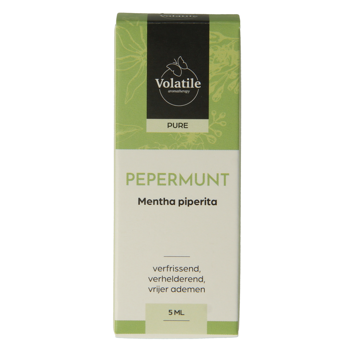 Volatile Pepermunt essential oil bottle with dropper, 5ml, natural peppermint scent, in clear glass container.