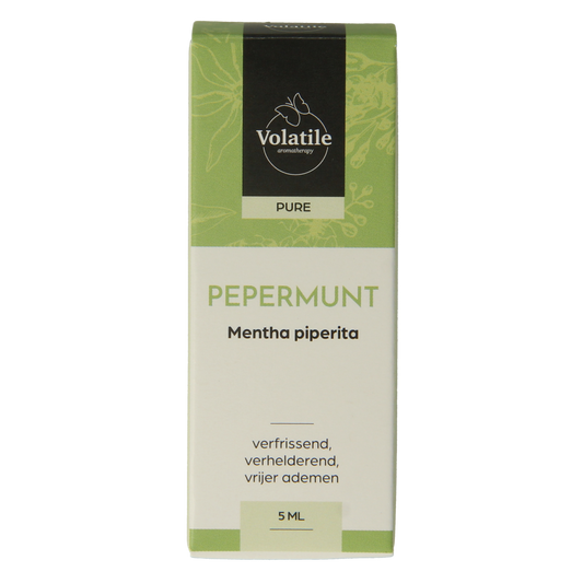 Volatile Pepermunt essential oil bottle with dropper, 5ml, natural peppermint scent, in clear glass container.