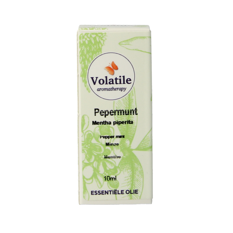 Volatile Pepermunt essential oil bottle, 10ml, with a clear label and dropper cap, on a neutral background.