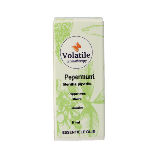 Volatile Pepermunt essential oil bottle, 10ml, with a clear label and dropper cap, on a neutral background.