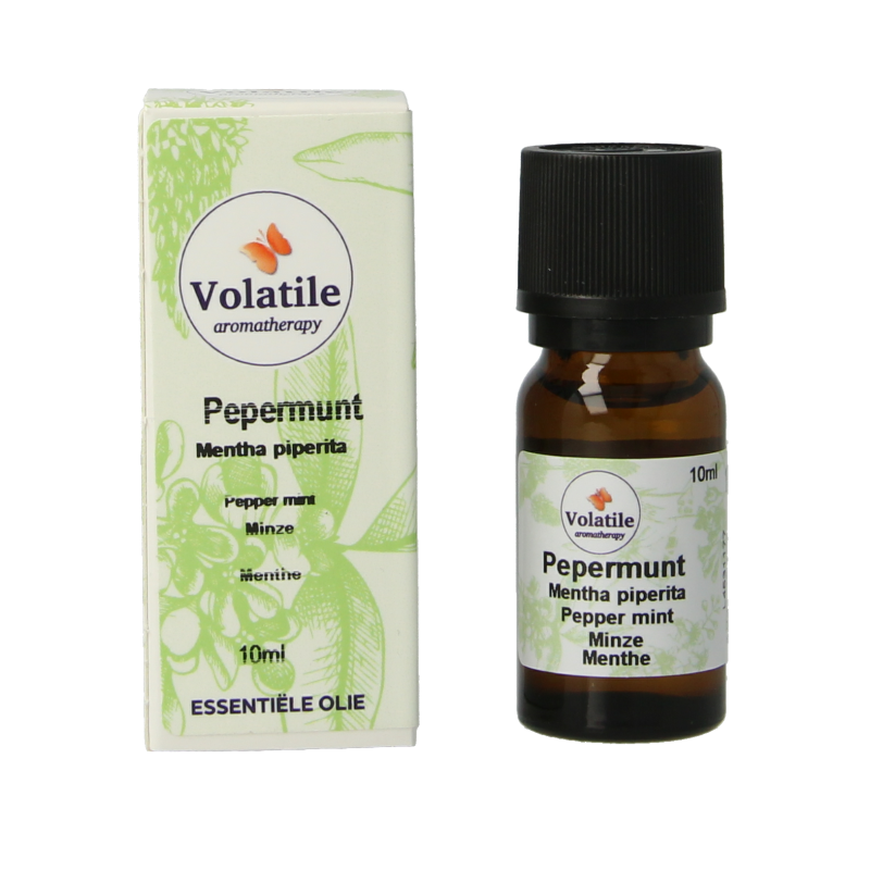 Volatile Pepermunt essential oil bottle, 10ml, with a clear label and dropper cap, used for aromatherapy and natural remedies.