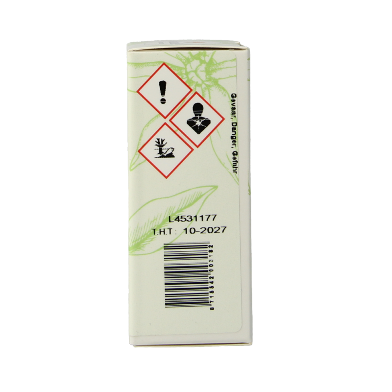 Volatile Pepermunt essential oil 10ml bottle with a dark amber glass container and white label, natural peppermint aroma.