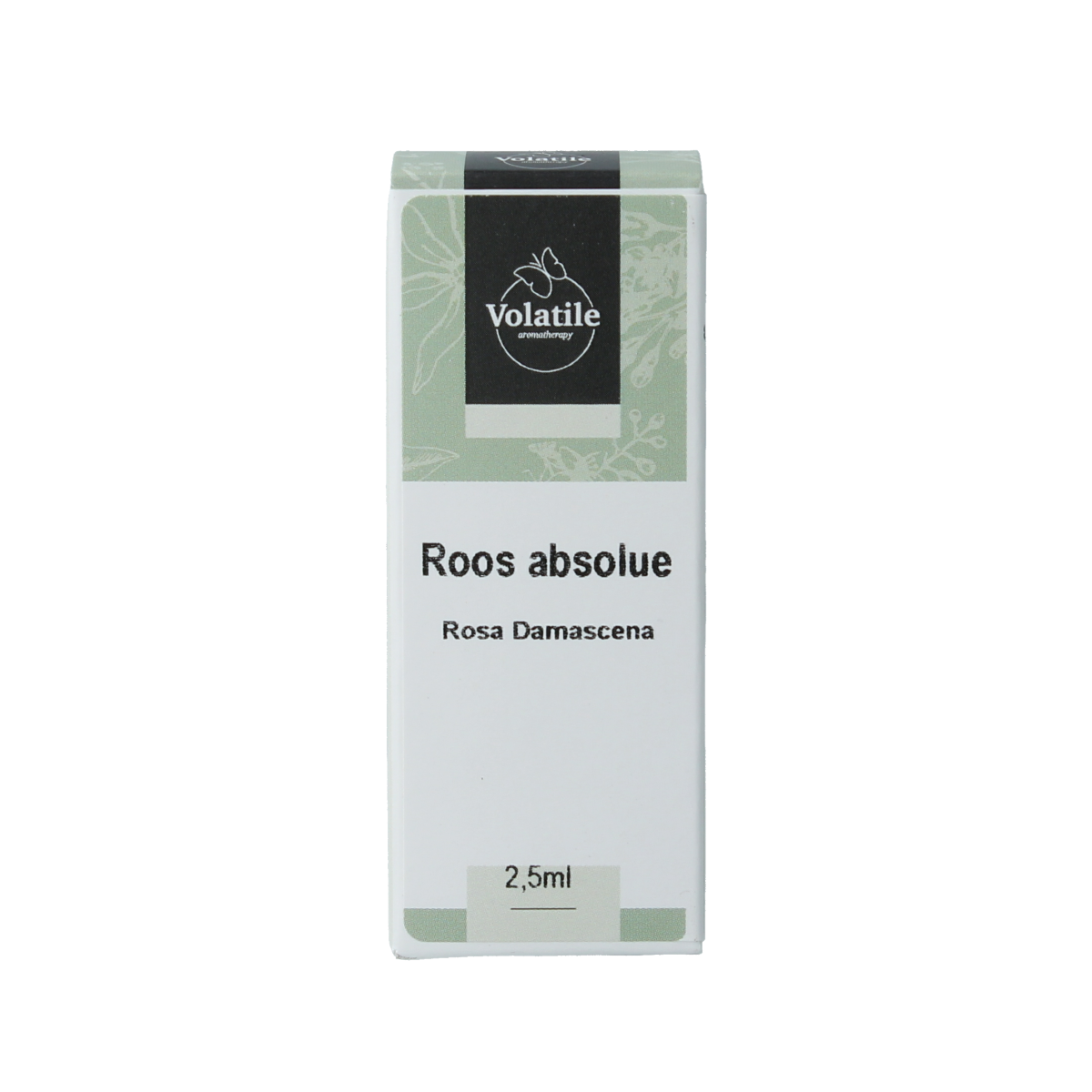 Volatile Roos Absolue essential oil bottle, 2.50ml, featuring a dark glass container and label showing floral design.
