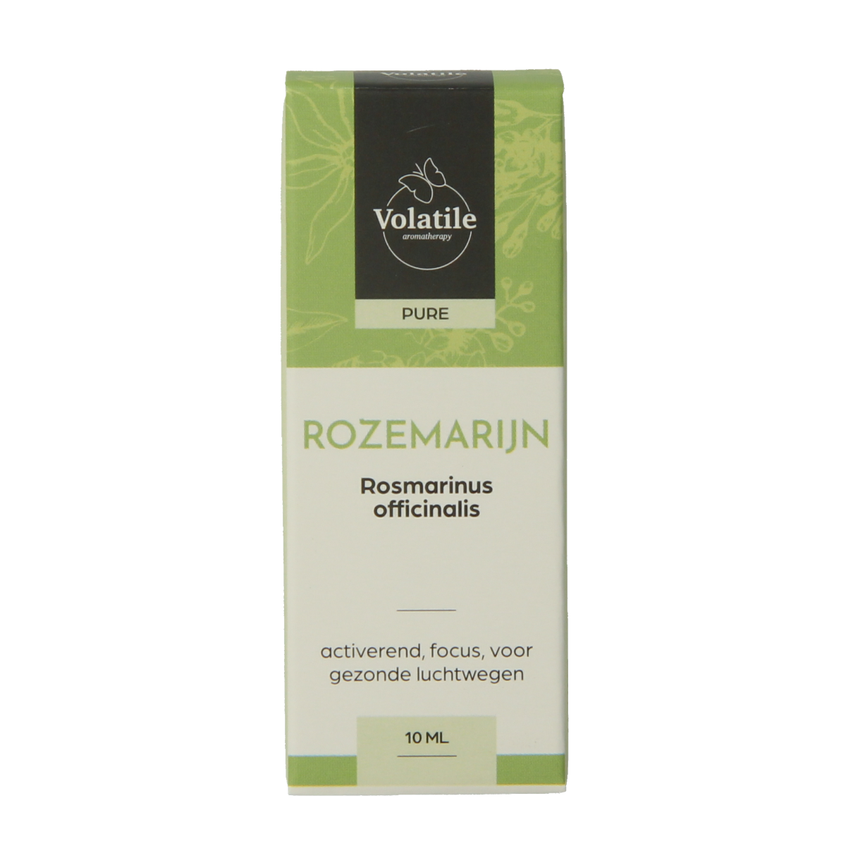 Volatile Rozemarijn essential oil bottle with 10ml capacity, natural herbal aroma, in clear glass with label.