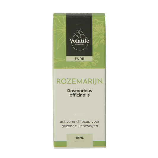 Volatile Rozemarijn essential oil bottle with 10ml capacity, natural herbal aroma, in clear glass with label.