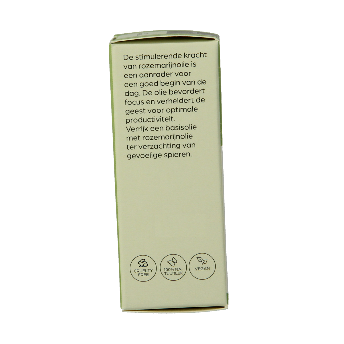 Volatile Rozemarijn essential oil in a 10ml bottle, featuring a clear glass container with a green cap, on a white background.