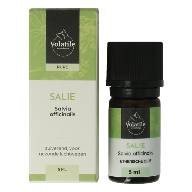 Volatile Salie officinalis essential oil in a 5ml bottle, showcasing the amber glass container and label of the etherische oliën product.