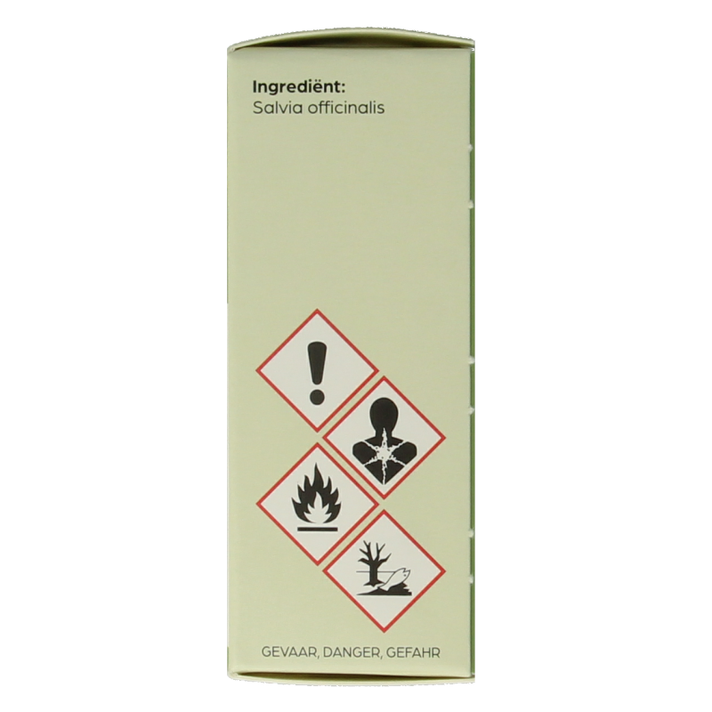 Volatile Salie officinalis essential oil in a 5ml glass bottle, with a white label and green cap, on a neutral background.