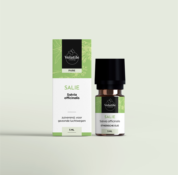 Volatile Salie officinalis essential oil in a 10ml bottle, featuring a clear glass container with a white cap.