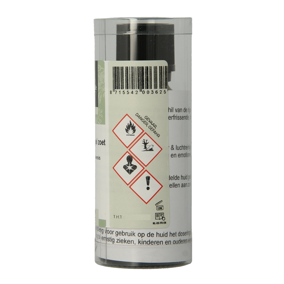 Volatile Sinaasappel zoet etherische olie in 50ml bottle, bright orange color and amber liquid, with citrus fruit background.