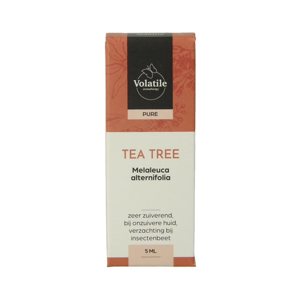 Volatile Tea Tree essential oil in a 5ml bottle, natural etherische olie with a clear label and dropper cap.