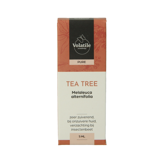 Volatile Tea Tree essential oil in a 5ml bottle, natural etherische olie with a clear label and dropper cap.