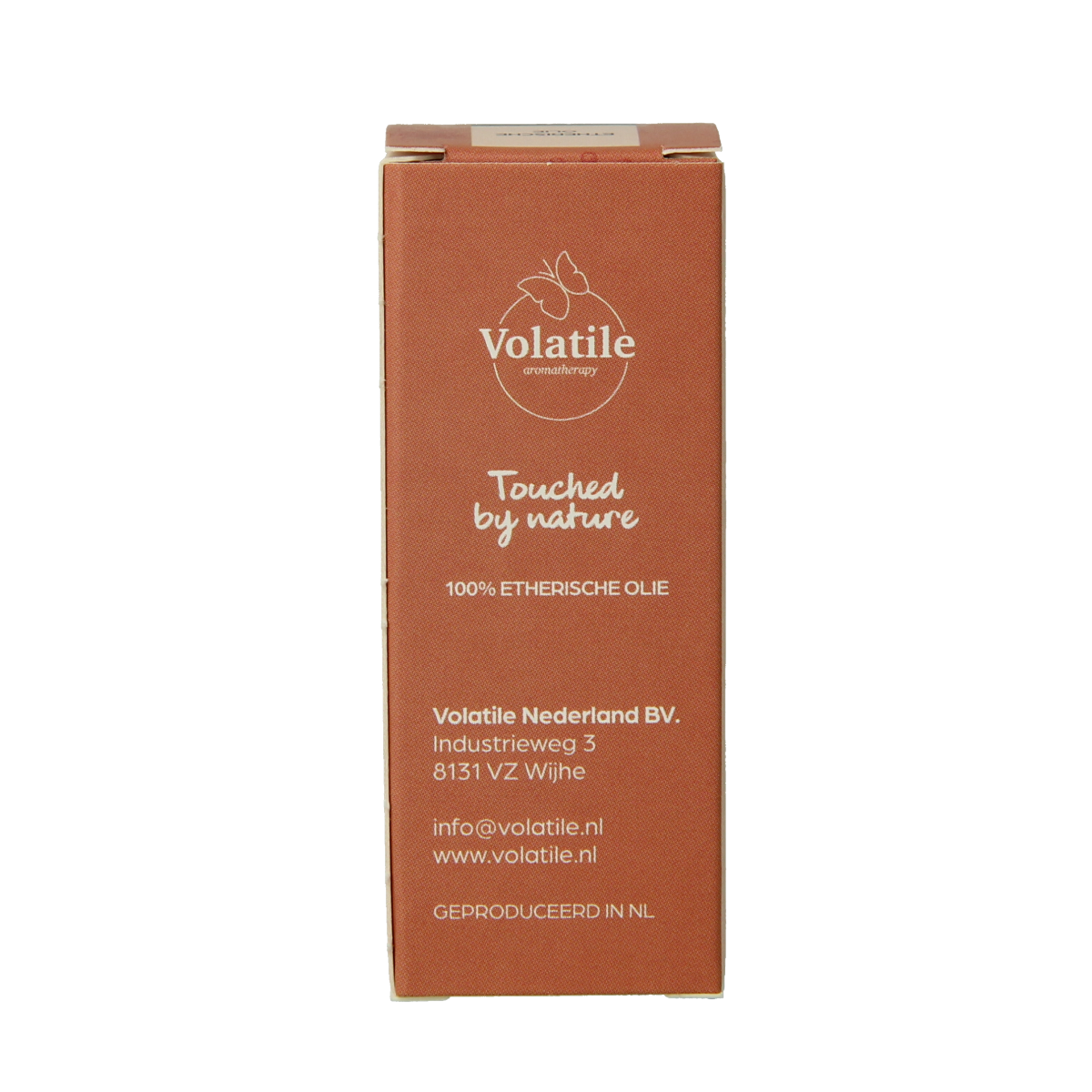 Volatile Tea Tree essential oil 5ml bottle, natural etherische olie with green tea tree leaves in the background.