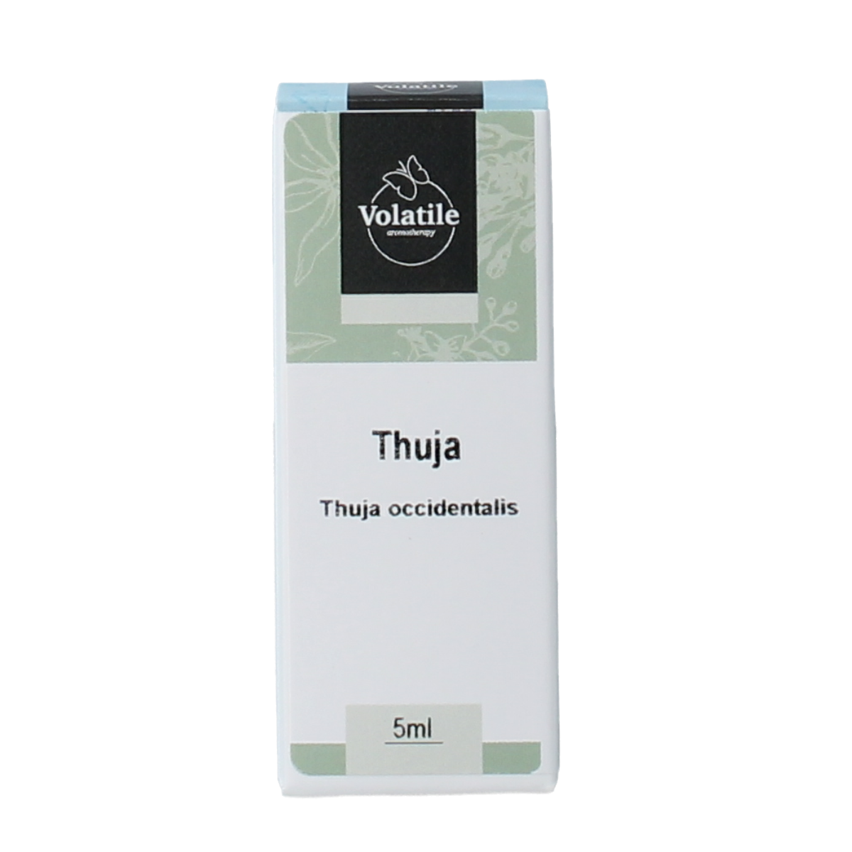 Volatile Thuja essential oil in a 5ml bottle, natural aromatic oil from Volatile, with a clear glass container and label.