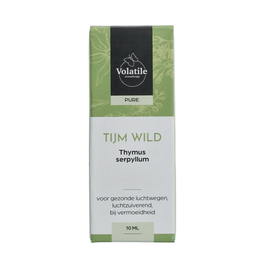 Volatile Tijm wild essential oil bottle, 10ml, natural herbal extract from Volatile, with amber glass container and label.