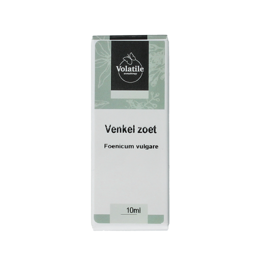 Volatile Venkel zoet essential oil bottle, 10ml, showing the amber glass container and label with product details.