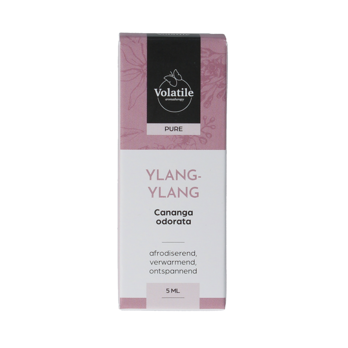Volatile Ylang Ylang essential oil bottle, 5ml, with a clear glass container and label, on a white background.