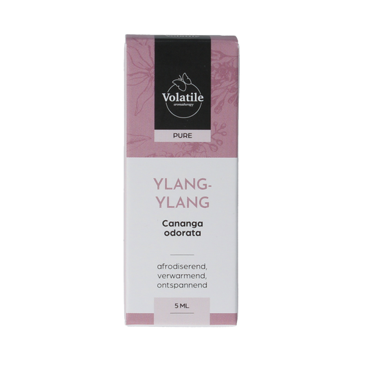 Volatile Ylang Ylang essential oil bottle, 5ml, with a clear glass container and label, on a white background.