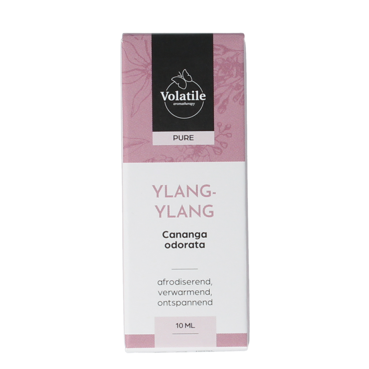 Volatile Ylang Ylang extra essential oil in a 10ml bottle, with a dropper cap and colorful label, on a white background.
