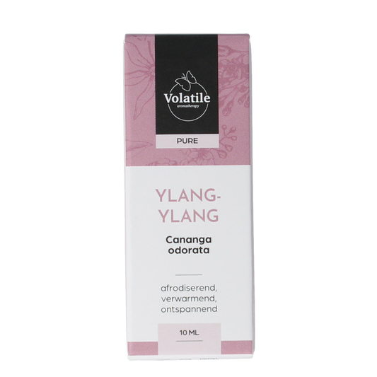 Volatile Ylang Ylang extra essential oil in a 10ml bottle, with a dropper cap and colorful label, on a white background.