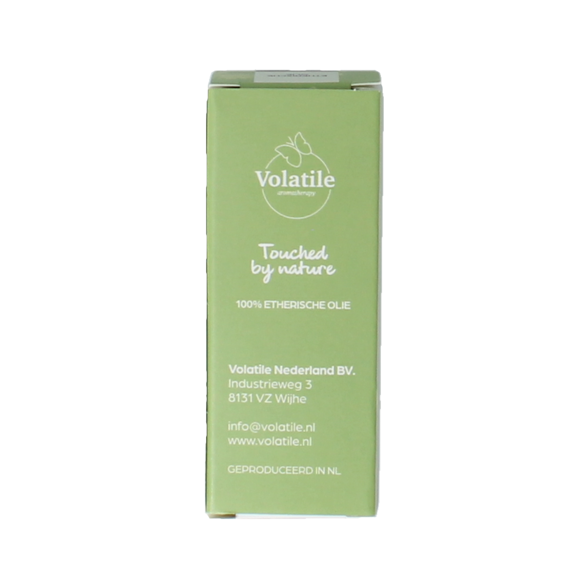 Volatile Zilverspar essential oil bottle, 10ml, with green sprig and clear label showing brand and product details.