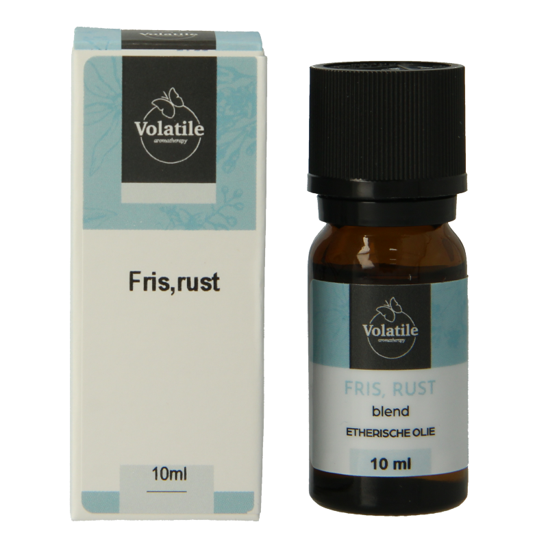 Volatile Fris Rust 10ml essential oil bottle, natural etherische oliën product with a white cap and clear label on a white background.
