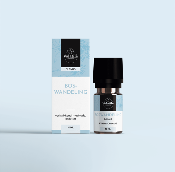 Volatile Boswandeling essential oil bottle, 10ml, natural etherische oliën with a white cap and label, on a neutral background.
