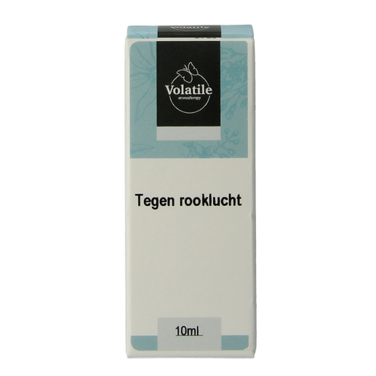 Volatile Tegen rooklucht etherische olie bottle with white cap, 10ml, showcasing the product's packaging and label.