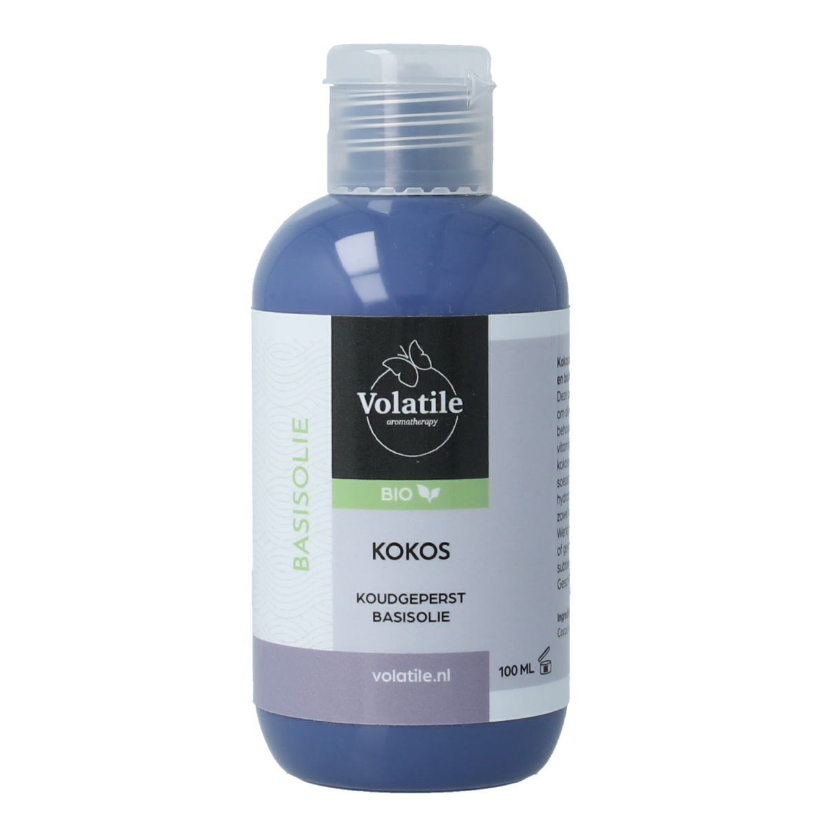 Volatile Kokos bio basisolie in 100ml bottle, natural coconut oil for body care, with a clear view of the product bottle.