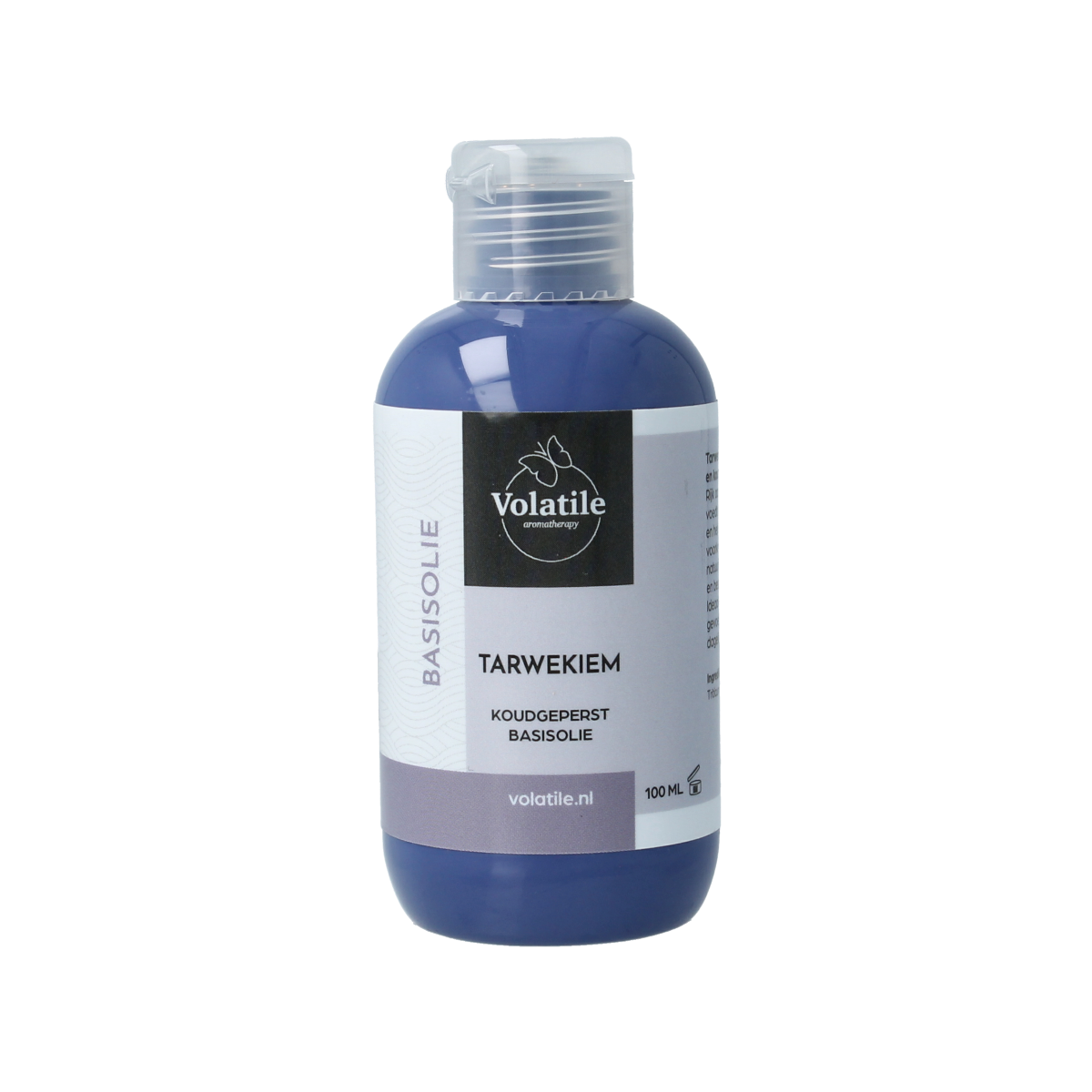 Volatile Tarwekiem basisolie in 100ml bottle, natural body care oil for nourishing skin and skincare routines.