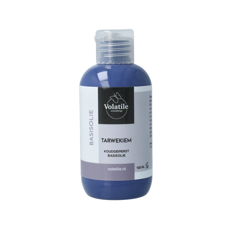 Volatile Tarwekiem basisolie 100ml in a clear glass bottle, suitable for body care, with a golden-yellow oil visible inside.