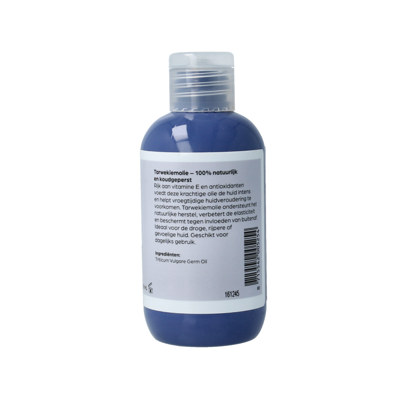 Volatile Tarwekiem basisolie in 100ml bottle, natural body care product with golden oil in a clear container.