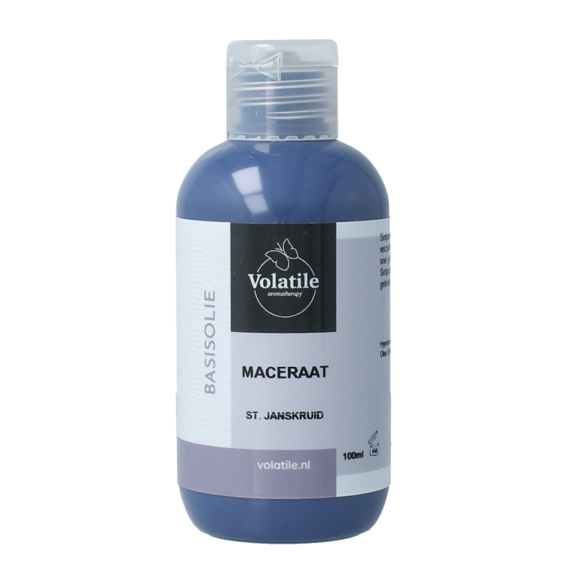 Volatile Sint Janskruid maceraat in 100ml bottle, used for body care, shown in a clear glass container with label details.