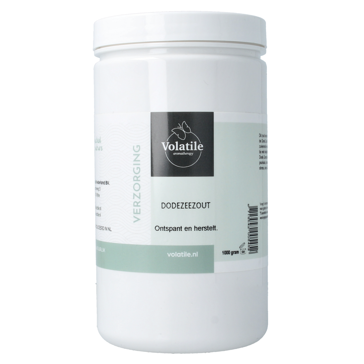 Volatile Dode zeezout 1kg for bath and shower, natural mineral salt with crystals visible in the image.