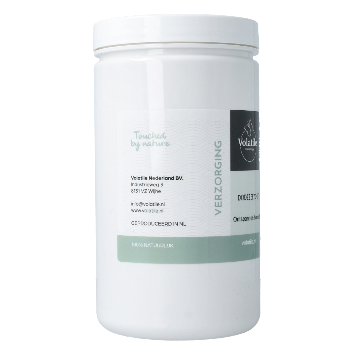 Volatile Dode Zeezout 1kg for bath and shower, natural mineral salt in a clear container with a textured salt appearance.