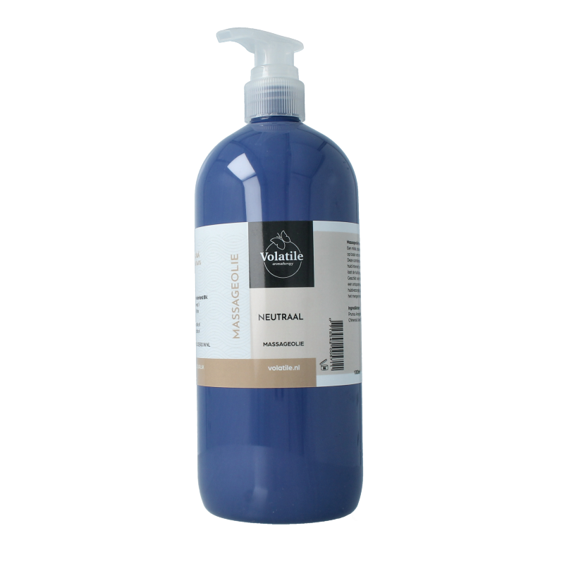 Volatile neutraal massageolie 1 liter bottle, natural body care oil with neutral scent, used for relaxing massages and skin nourishment.