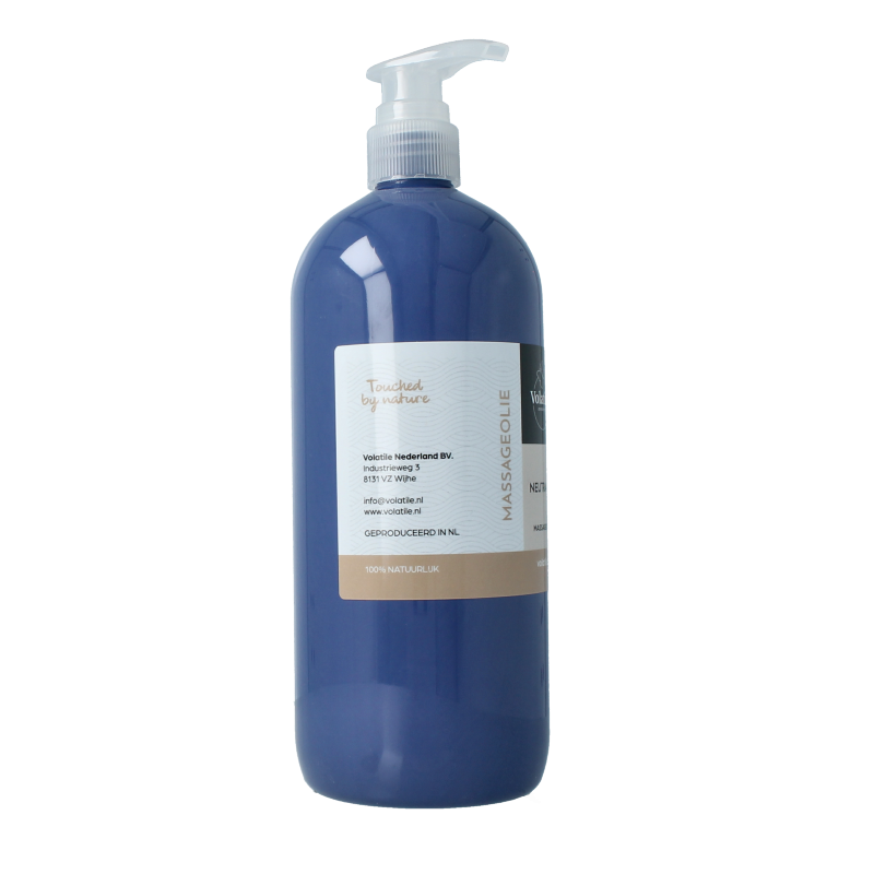 Volatile neutraal massageolie in 1 liter bottle, body care product with a clear liquid appearance, suitable for relaxing massages.