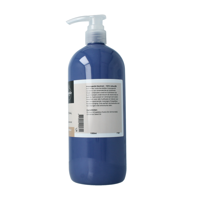 Volatile neutraal massageolie in a 1-liter bottle, natural body care product with a clear liquid appearance.