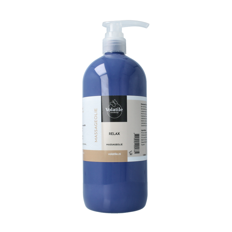 Volatile relax massage oil in a 1-liter bottle, soothing body care product with natural ingredients for relaxation.