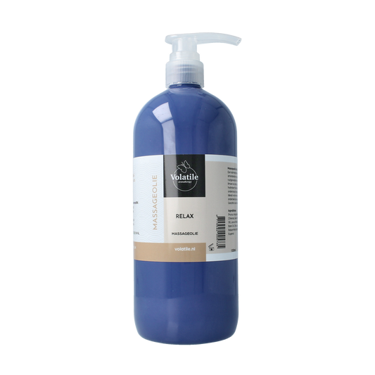 Volatile Relax massage oil 1 liter bottle, body care product with soothing properties, shown in a clear container.